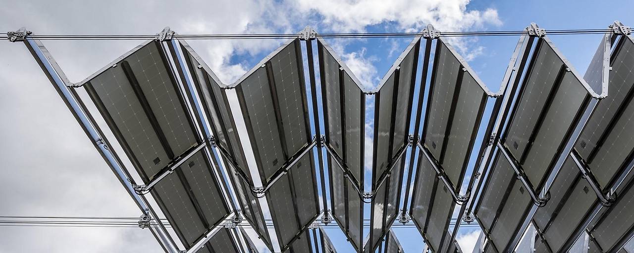 GRAZ (Austria) on
                      April 27, 2024: The foldable solar roof is also
                      protected against hail and snow, view from below