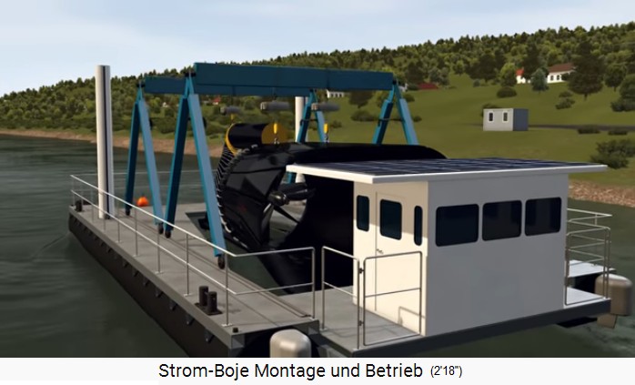 Der
                            Service-Katamaran mit der Stromboje kommt,
                            Hinteransicht in den Trichter der Stromboje
                            hinein