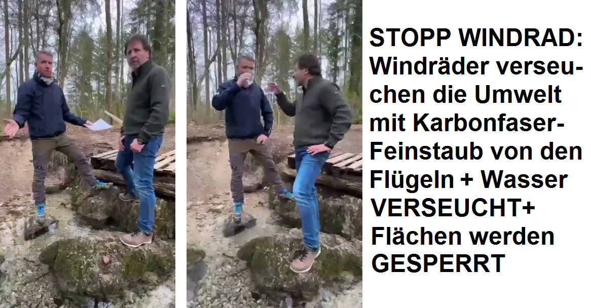 Video: ALARM: Windr�der
                      provozieren Karbonfaser-Feinstaub von den Fl�geln
                      bei 300km/h (Fl�gelspitze) (3'54'') Windr�der
                      28.2.2024: provozieren Karbonfaser-Feinstaub
                      (90kg/Jahr) + der Feinstaub verteilt sich in der
                      Natur: Luft+Wasser+Quellen+Lungen werden verseucht
                      - Windr�der sind somit eine PEST und sind NICHT
                      UMWELTVERTR�GLICH
