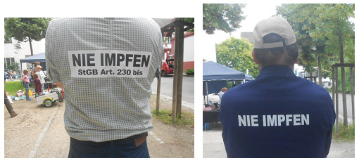 Kleidung mit NIE IMPFEN und Strafgesetzbuch
                        Art. 230bis: Genver�nderte Substanzen in Umlauf
                        bringen ist verboten