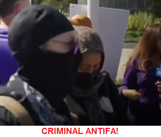 Demo with
                    Antifa criminals, two masked persons with black face
                    Antifa masks