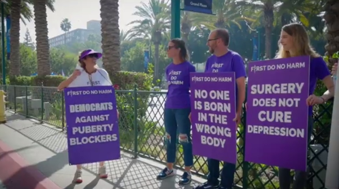 Demo against
                                  trans mania for children and
                                  adolescents in front of a trans clinic
                                  02: Poster texts: "Democrats
                                  Against Puberty Blockers" --
                                  "No One Is Born in the Wrong
                                  Body" -- "Surgery Can't Cure
                                  Depression", [but it is
                                  Increasingi it]