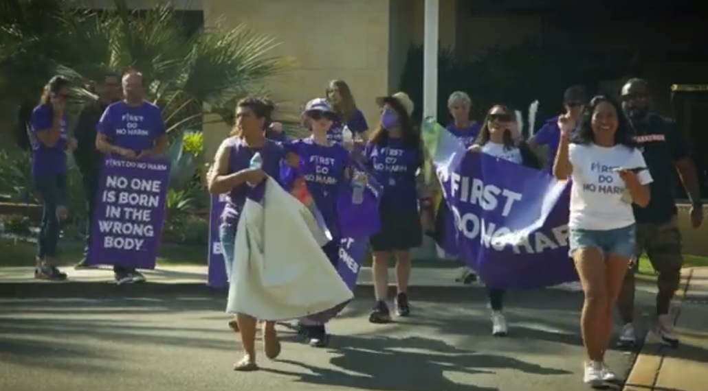 Demo against Trans mania,
                        group on the street with posters "Nobody is
                        born in the wrong body" - "First of
                        all, don't do any harm"