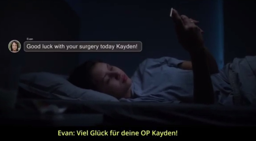 Evelyn (Evan) sees the group chat as someone
                    shouts to Kayden (Cleo): "Good luck":
                    "Good luck with your surgery Kayden"