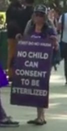 Poster against trans madness
                    in children and adolescents: "No child can
                    consent to be sterilized"