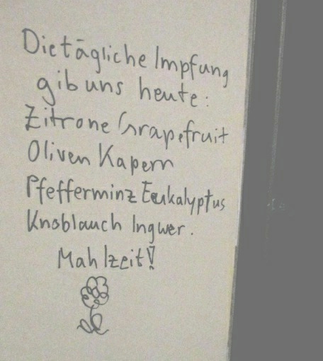 Res CH: Graffito: "Give
                        us the daily vaccination today: lemon,
                        grapefruit, olives, capers, peppermint,
                        eucalyptus, garlic, ginger. Have a good
                        meal!" - these are antibiotic plants -
                        2021