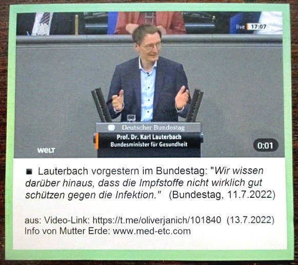 Perpetrator 10: Lauterbach (4R) has to admit
                      in the National Parliament at Berlin (Bundestag)
                      that the "corona vaccinations" does not
                      protect against infections so well after all -
                      July 11, 2022