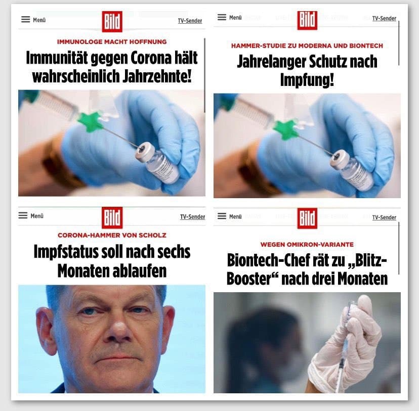 The Mossad-BILD newspaper in
                      Germany always presented the "Corona"
                      vaccination: First the "corona
                      vaccination" was supposed to protect a
                      lifetime, then less and less, in the end you
                      should vaccinate every 6 months (said Scholz) -
                      but at the very end every THREE months (it's all
                      about stock market prices!) - Jan 13, 2022