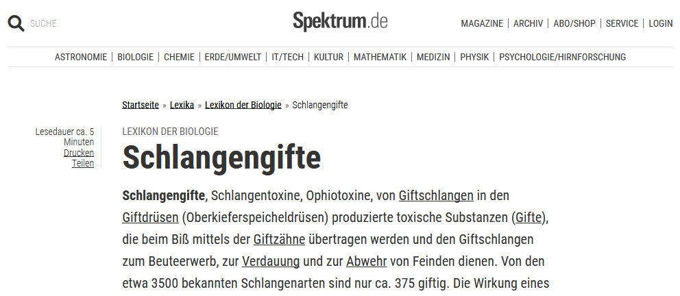 www.spektrum.de
                Biologielexikon: Artikel über Schlangengifte Schwarz auf
                Weiss