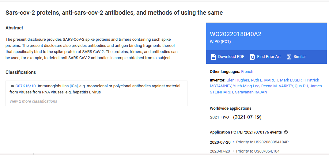 Patent von AstraZeneca 19.7.2021:
                Sars-cov-2 proteins, anti-sars-cov-2 antibodies, and
                methods of using the same