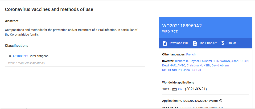Patent von
                Pfizer / BionTech 21.3.2021: Coronavirus vaccines and
                methods of use