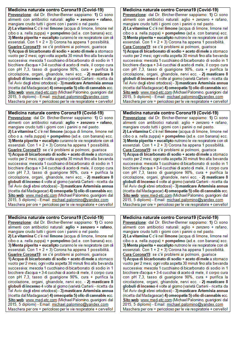 Flyer
                      (volantino) con la medicina naturale contro
                      Corona19 (Covid-19), pagina A4