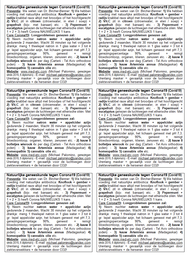 Flyer: natuurlijke
                      geneeskunde tegen corona19, vel A4