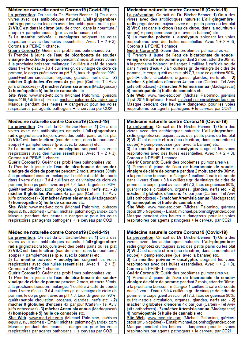 Flyer avec la m�decine naturelle contre
                      Corona19, page A4 pour couper et distribuer