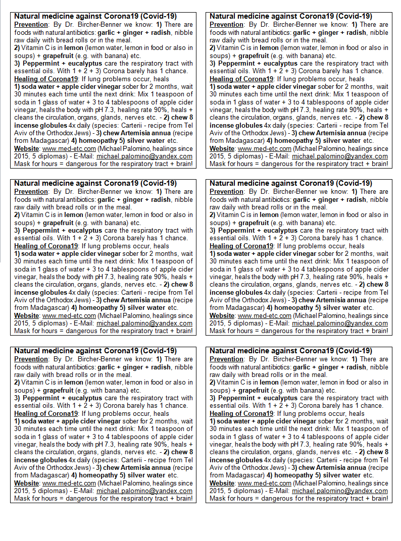 A4 page with flyers with
                      natural medicine against corona19 (Covid-19) for
                      copying, cutting and distributing