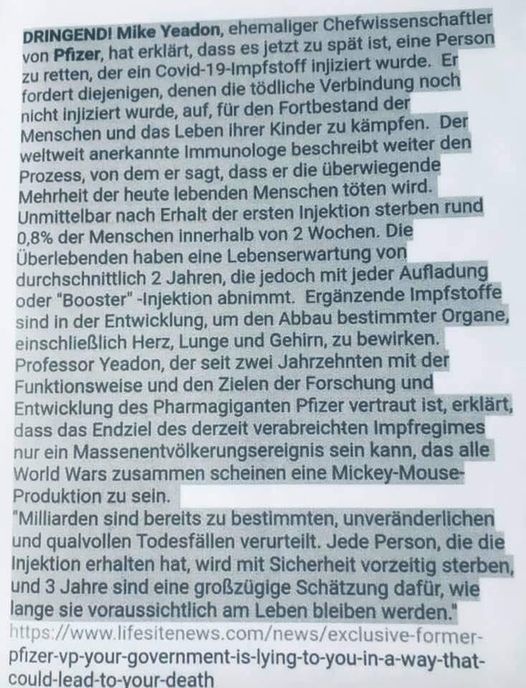 Dr. Mike Yeadon, Text vom 9.7.2021