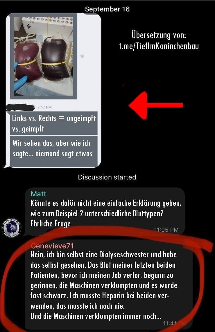 Fotos mit dem fast schwarzen Blut
                    von GENgeimpften