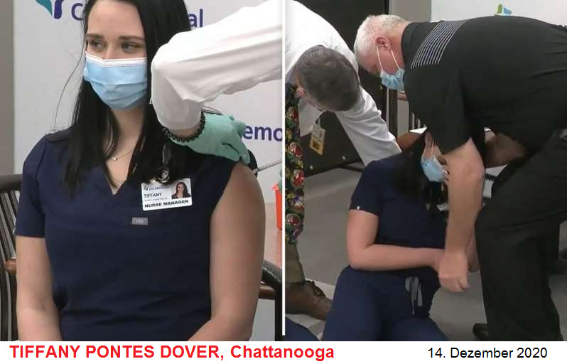Tiffany Dover mit der
                  Gen-Impfung, nach 15 Minuten kommt die Ohnmacht durch
                  Schmerzen am Arm, eine Ohnmachtskrankheit