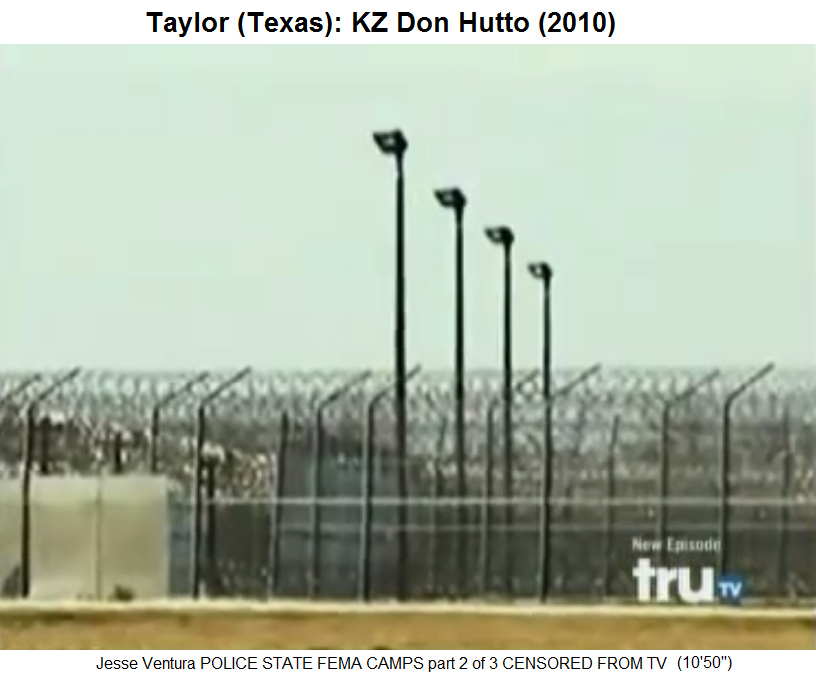Taylor (Texas): Das KZ Don Hutto
                  ("residential center") mit Doppelzaun,
                  Stacheldraht nach INNEN geneigt und mit Flutlicht