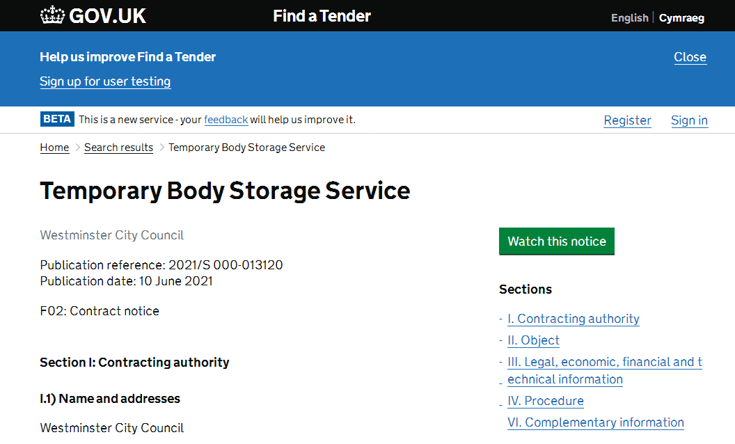 Ausschreibung in London vom 10.6.2021:
                      Vor�bergehender Leichenaufbewahrungsservice