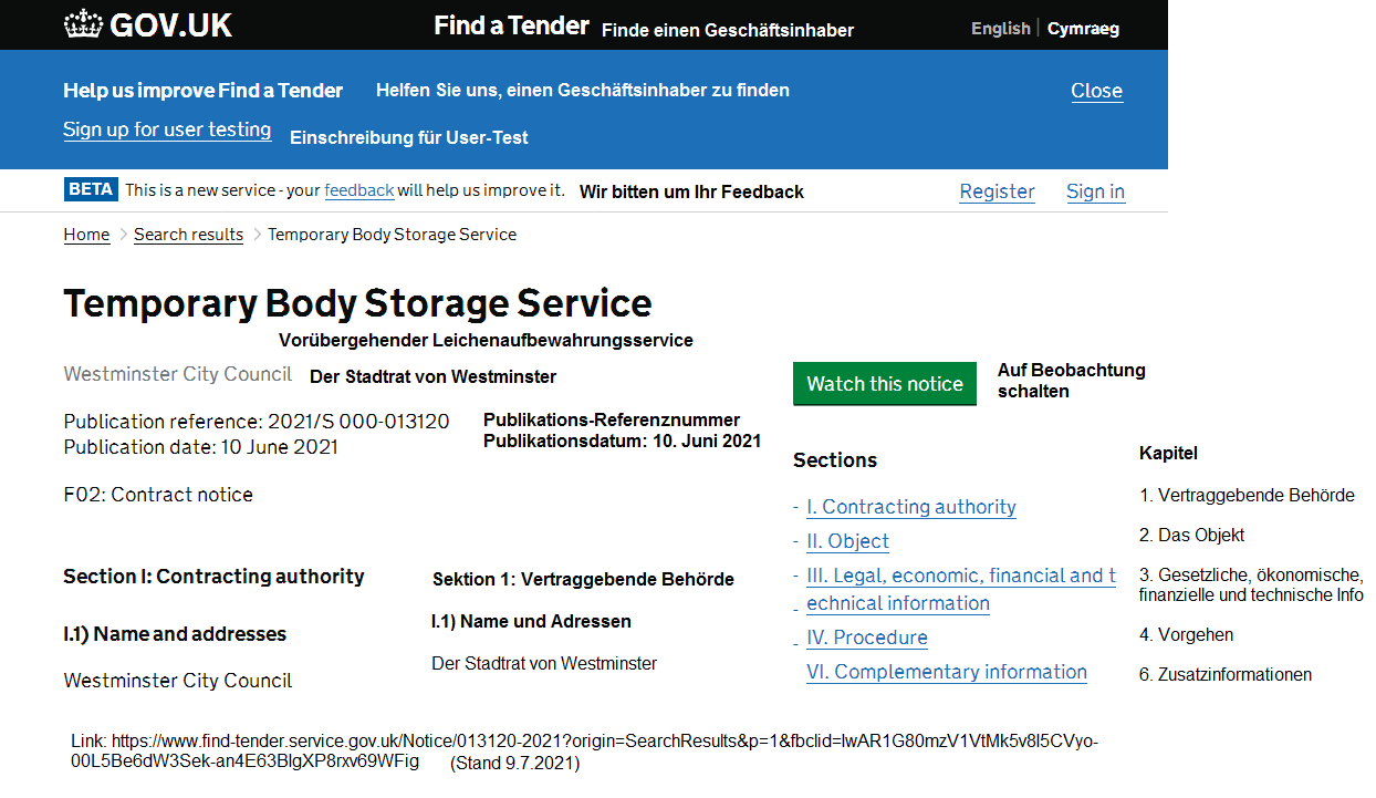 Ausschreibung in London vom 10.6.2021:
                Vor�bergehender Leichenaufbewahrungsservice