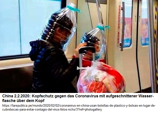 Chinesen st�lpen sich als
                        Schutz gegen das Coronavirus aufgeschnittene
                        Wasserflaschen �ber den Kopf 03