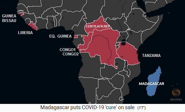 Madagaskar
                            8.5.2020: Karte von Afrika mit den Kunden
                            f�r das Corona19-Heilmittel mit Artemisia
                            annua