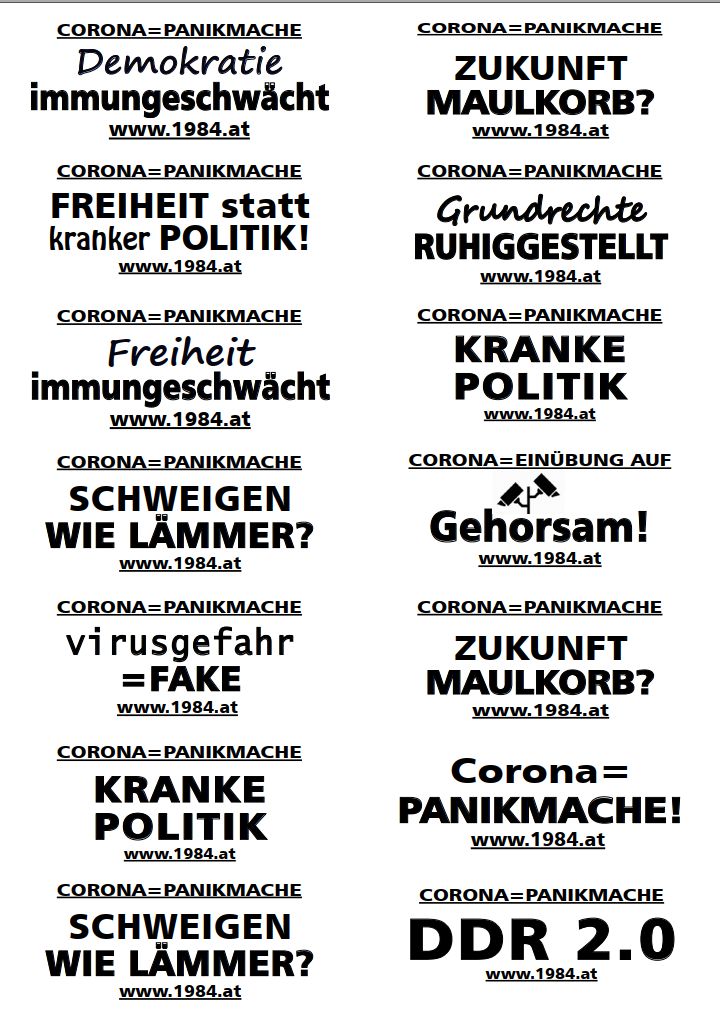 Corona-Widerstand von www.1984.at, Kleber mit
                  Slogans gegen Corona19-Panikmache