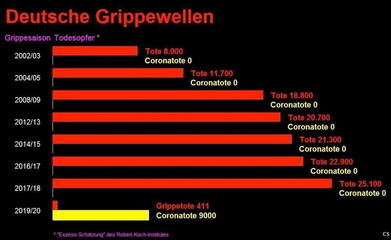 Grafik der
                Grippewellen in Deutschland 2002 bis 2020: Corona19 ist
                nur ganz klein!