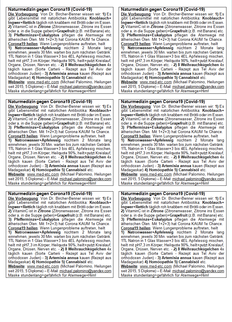 Flyer: Naturmedizin
                gegen Corona19, A4-Blatt zum Ausschneiden und Verteilen