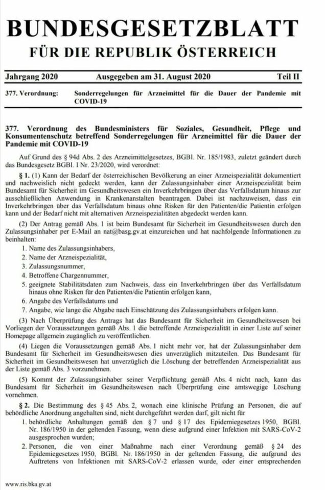 �sterreich erlaubt abgelaufene Medis in
                    Spit�lern und Experimente an Quarant�neopfern