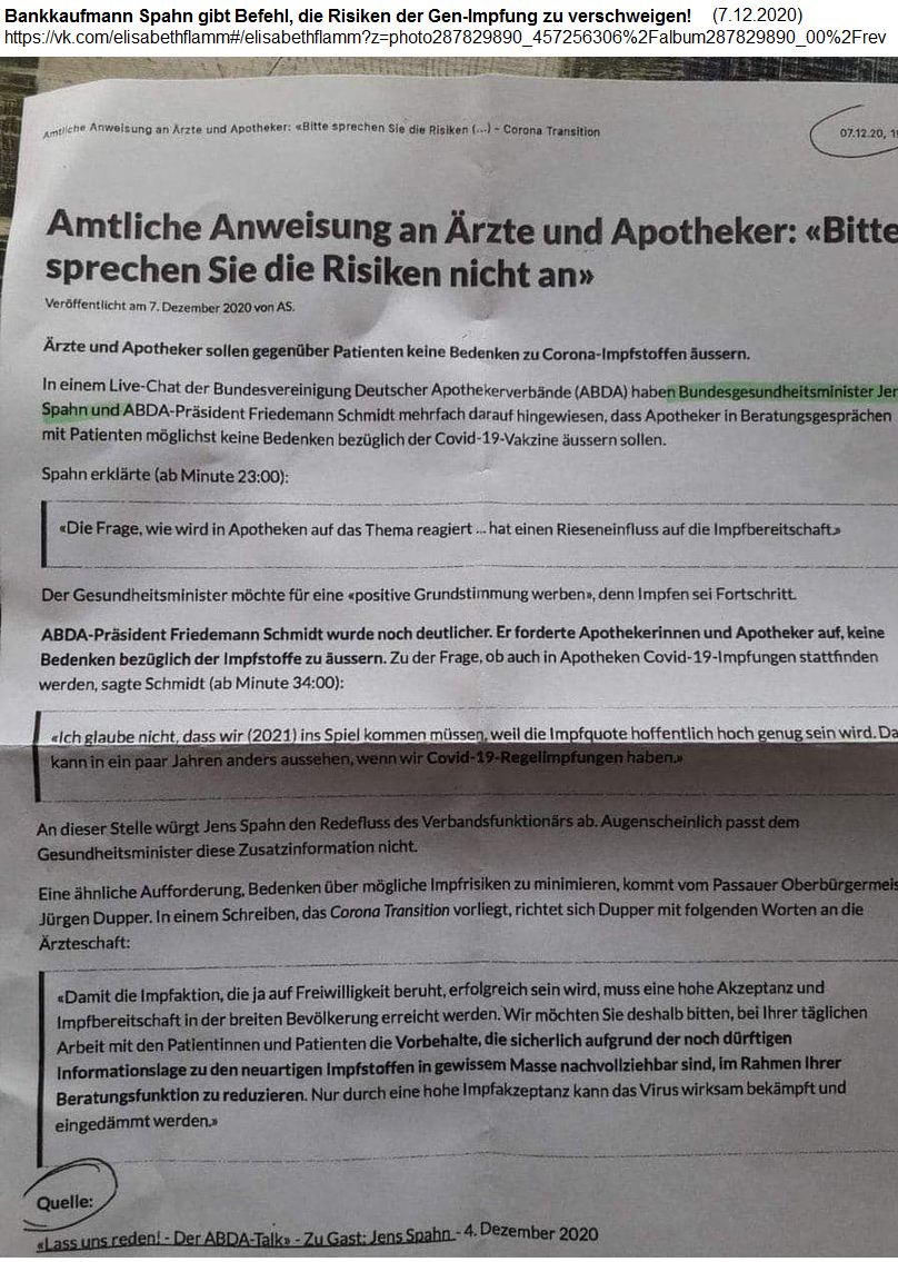 Bankkaufmann Spahn gibt Befehl, die Risiken
                      der Gen-Impfung zu verschweigen!