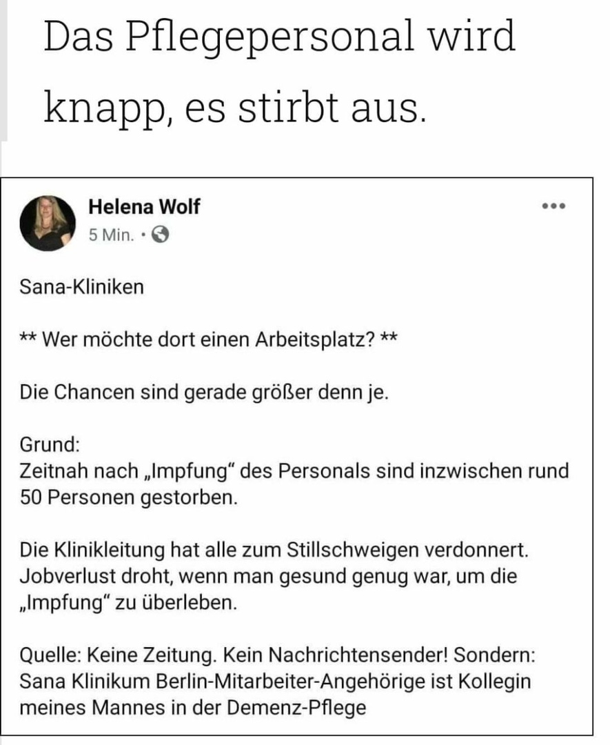 Sana-Klinikum
                        Berlin: Tod von 50 Leuten des Pflegepersonals
                        durch Gen-Impfung von 27.12.2020 bis 9.2.2021