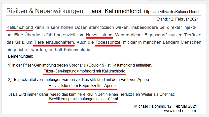 Kaliumchlorid ist f�r
                Tiermord-Einschl�ferung+Todesspritzen, nun wird klar,
                wieso das RKI einen Tierarzt als Boss hat - Stand
                12.Februar 2021