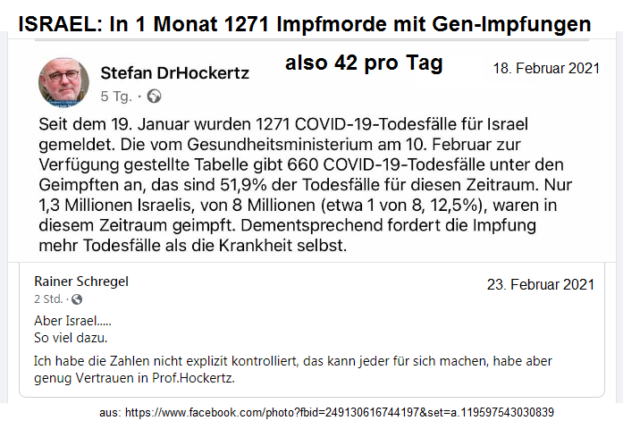 Israel hat 1271
                Impfmorde durch Genimpfung in 1 Monat vom 19. Januar bis
                18. Februar 2021 - der V�lkermord ist in vollem Gang