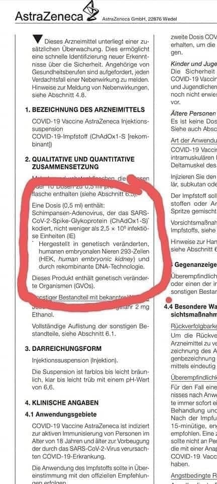 Impfwahn
                      mit AstraZeneca 15.3.2021: Beipackzettel der
                      AstraZeneca-Giftspritze sagte es doch: Enth�lt
                      Affenviren, die auf F�ten-Nierenzellen gez�chtet
                      wurden
