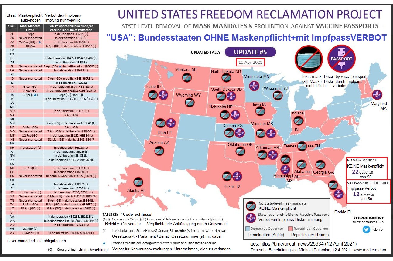 KARTE DER "USA" zum
                        Aufh�ngen - Stand 10.4.2021 22 von 50 Staaten
                        leben frei, KEINE Maskenpflicht 12 von 50
                        Staaten haben bereits ein VERBOT des
                        diskriminierenden Impfpasses