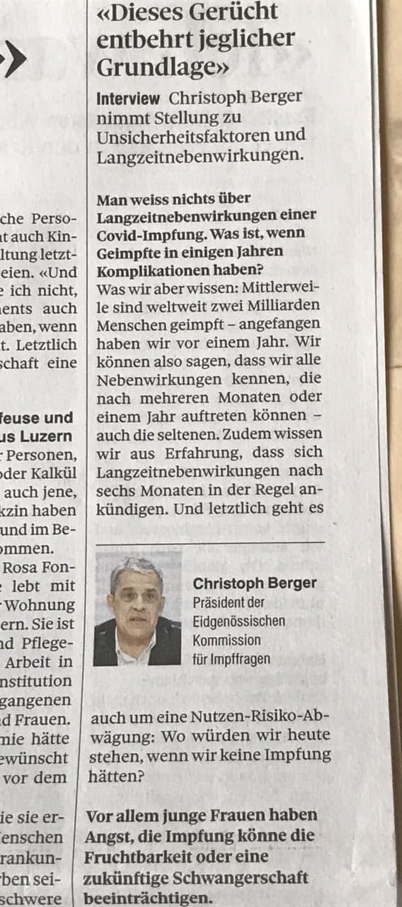 22.6.2021:
                          Christoph Berger will nix wissen �ber t�dliche
                          Tierversuche mit Genimpfungen nach 6 Monaten