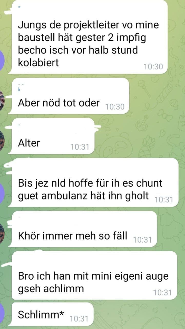 Kanton Z�rich
                    30.6.2021: Baustellenleiter kollabiert nach 2.
                    Genimpfung