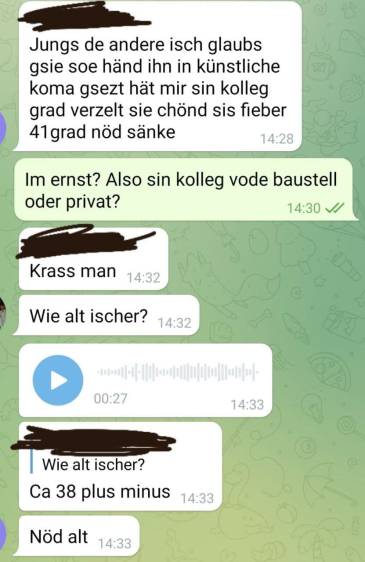 Kanton Z�rich 30.6.2021:
                            Bauleiter kollabiert nach 2. Genimpfung, hat
                            nun 41 Grad Fieber und wurde ins k�nstliche
                            Koma versetzt