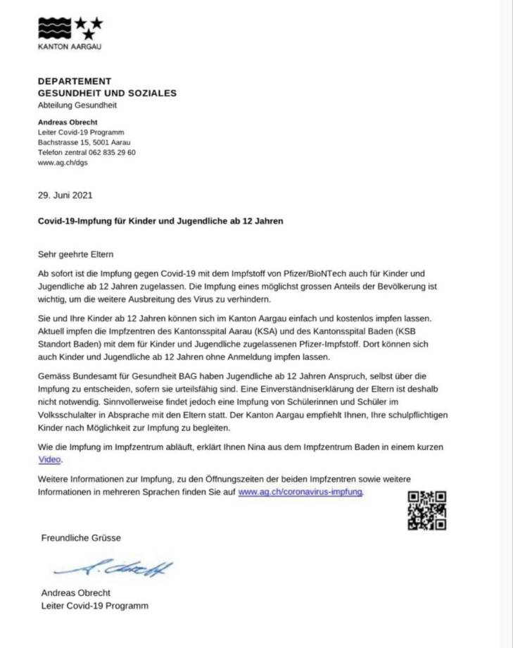 Verbrechen im Kanton
                            Aargau 30.6.2021: Brief mit Genimpfwerbung
                            gegen Kinder mit dem Argument "Schutz
                            vor dem Virus"