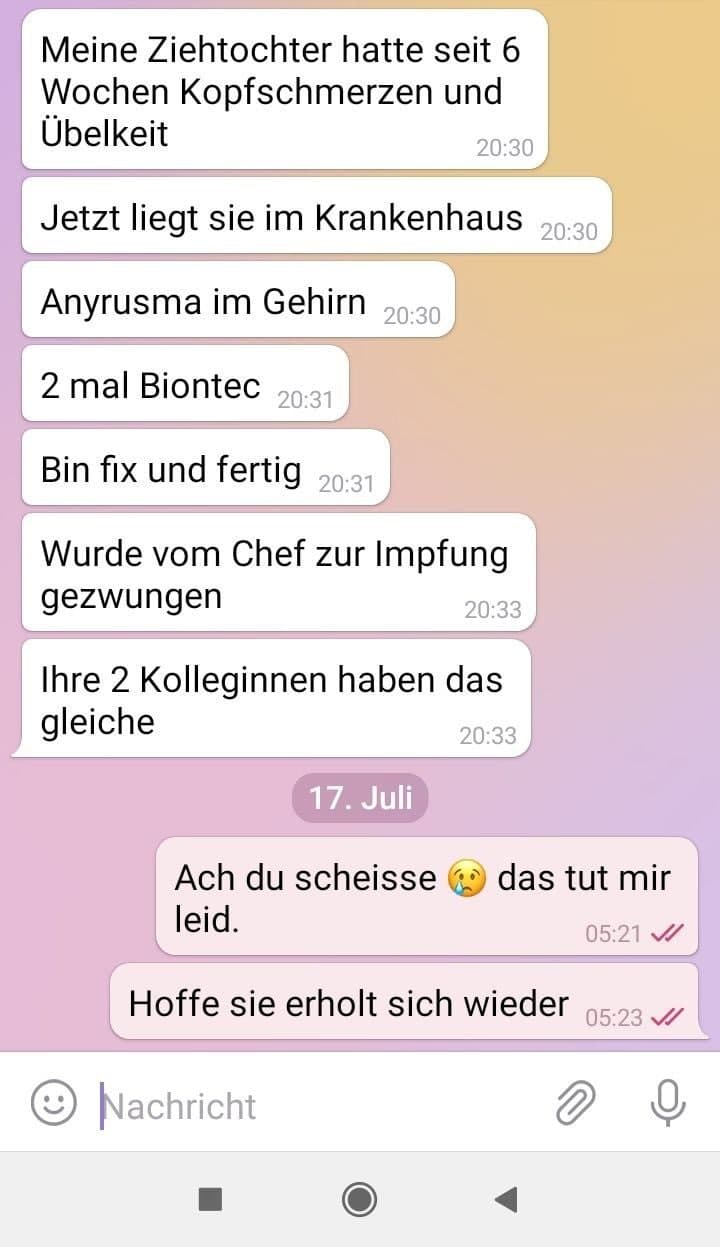 GENimpfschaden Schweiz
                  18.7.2021: GENimpf-Erpressung im Betrieb mit Pfizer /
                  BionTech: Arbeitsunf�higkeit