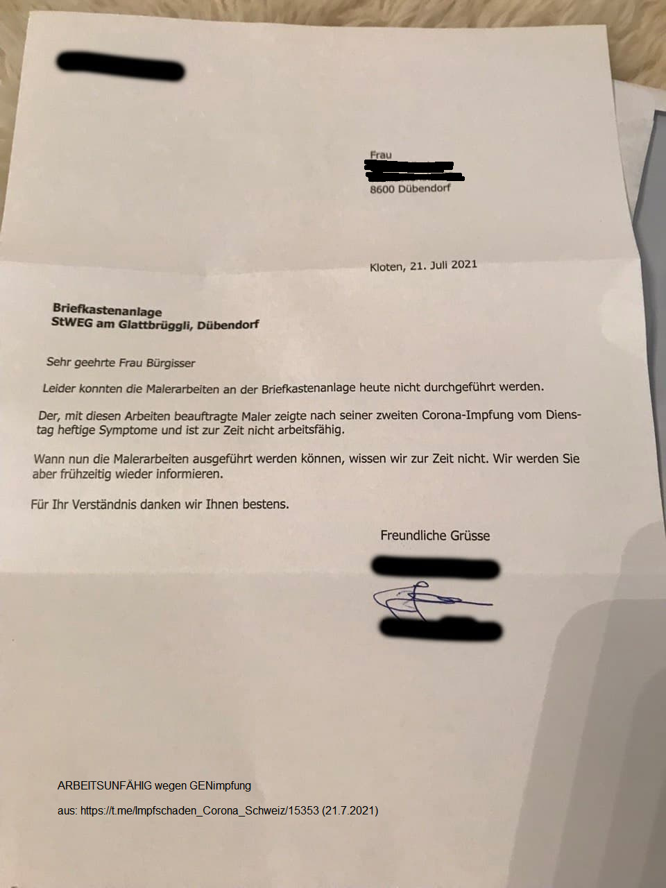 D�bendorf (Schweiz):
                      MALER wegen GENimpfung ARBEITSUNF�HIG Was wird
                      denn ab Oktober los sein in Europa, wenn bei
                      vielen die 6 Monate nach der GENimpfung rum sind?