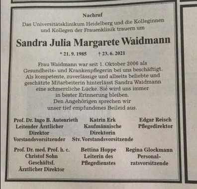 VIER Todesanzeigen aus dem Klinikum
                      Heidelberg vom Juni 2021: Waidmann am 23.6.2021