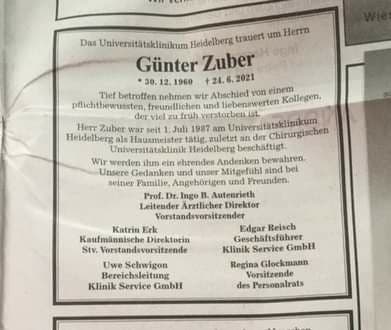 VIER Todesanzeigen aus dem Klinikum
                      Heidelberg vom Juni 2021: Zuber am 24.6.2021