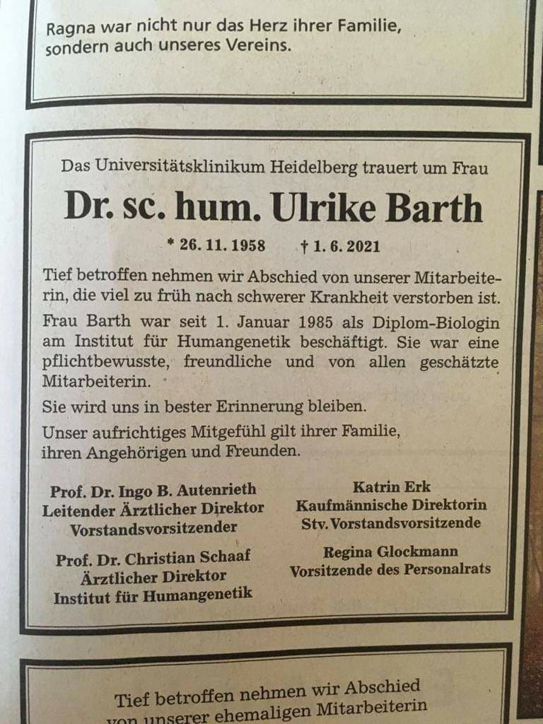 VIER Todesanzeigen aus dem Klinikum
                      Heidelberg vom Juni 2021: Barth am 1.6.2021