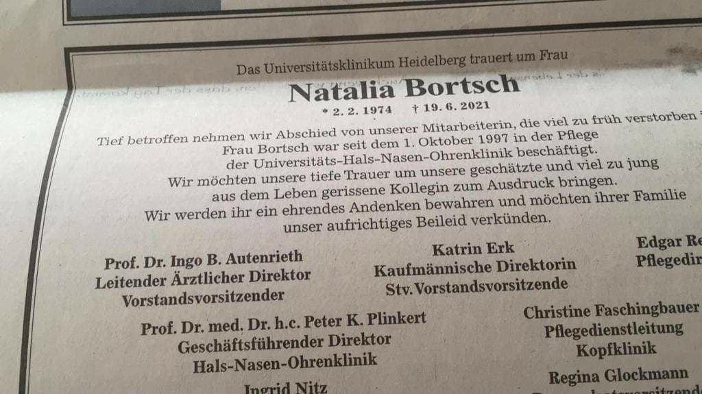 VIER Todesanzeigen aus dem Klinikum
                      Heidelberg vom Juni 2021: Bortsch am 19.6.2021