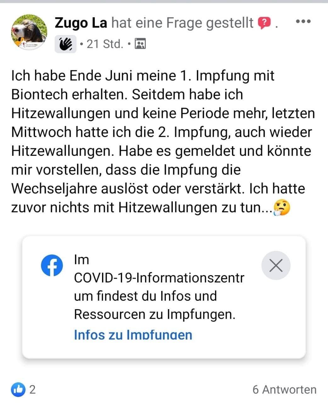 GENimpfschaden 7.8.2021: Todesspritze
                    von Pfizer provoziert Hitzewallungen und Ausfall der
                    Periode
