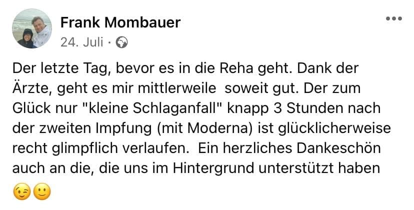 GENimpfschaden 7.8.2021: Schlaganfall nach
                    GENimpfung - und er f�hlt sich vom Spital gerettet