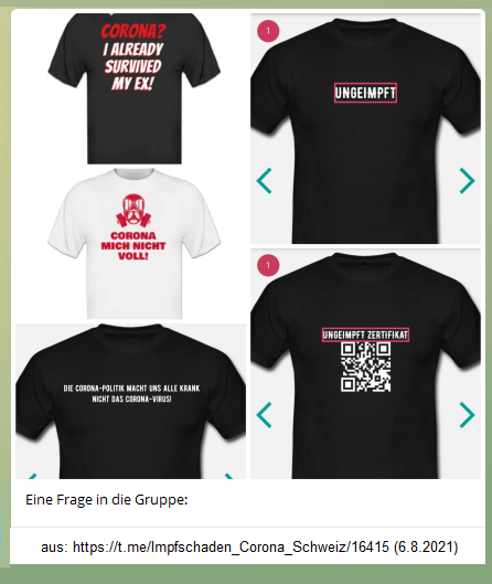 Widerstand
                        6.8.2021: Bedruckte T-Shirts gegen den
                        Corona19-Wahn